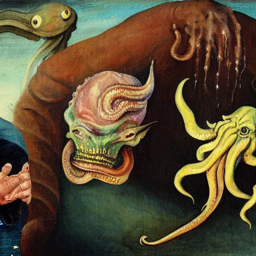 Image similar to a painting of cthulhu and donald trump meeting, in the style of hieronymus bosch