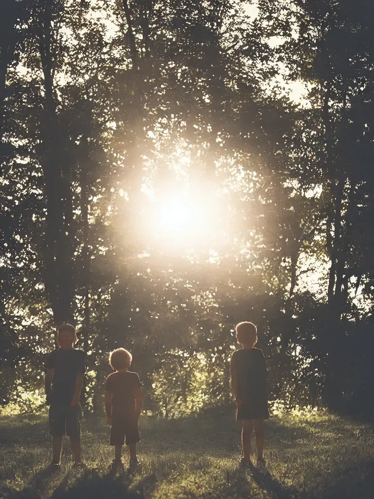 Image similar to a boy and a girl side by side, posing for a picture, a strong light behind their faces, god rays, nostalgic, night, some trees in the background, old polaroid, dramatic reddish light, atmospheric