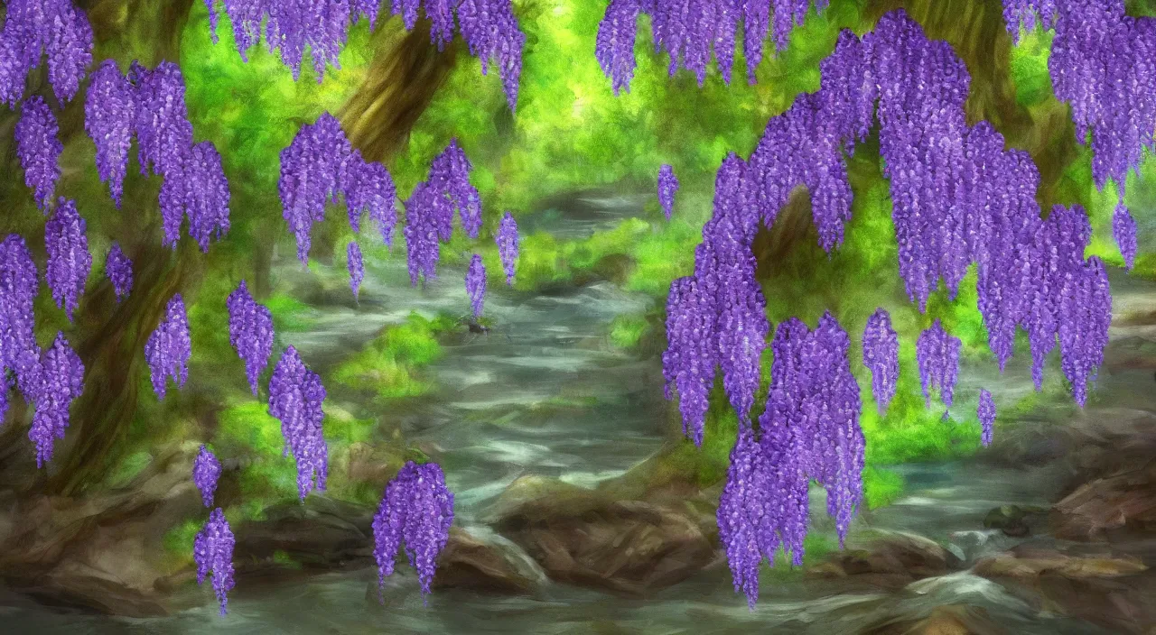 Image similar to wisteria forest with a narrow rocky purple river flowing through it. digital painting. trending on artstation.