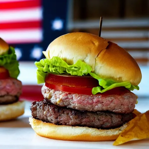 Image similar to american flag burger, a burger with lettuce, patty, ketchup, american flag, pickle, mayonnaise