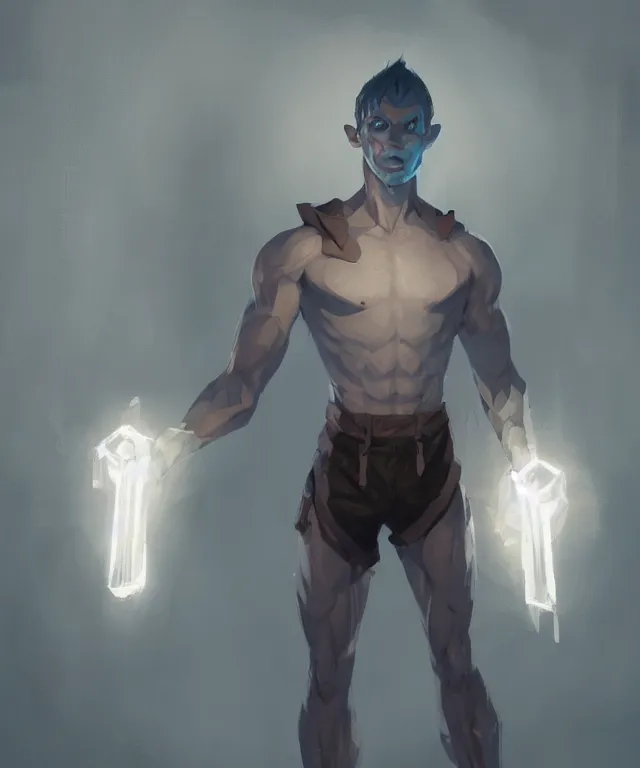 Image similar to a calm young adult male muscular slim blue elf with gey light clothes character design by greg rutkowski