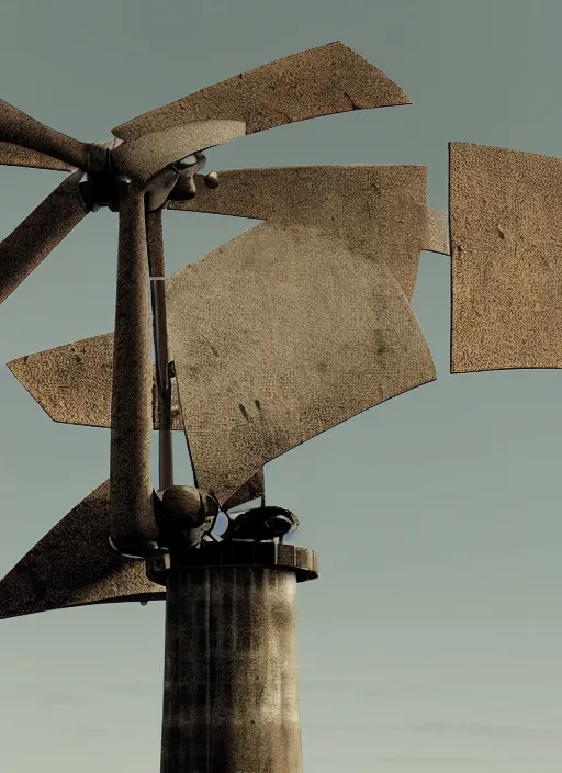 Prompt: cinematic artwork close up of a broken and rusted wind turbine standing alone in a dried up ocean, digital art