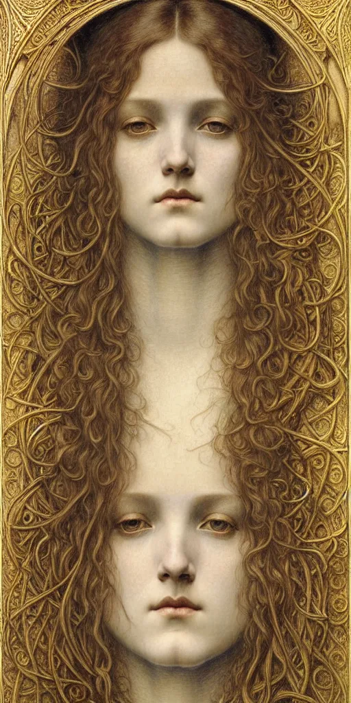 Image similar to detailed realistic beautiful young medieval queen face portrait by jean delville, gustave dore and marco mazzoni, art nouveau, symbolist, visionary, gothic, pre - raphaelite. horizontal symmetry