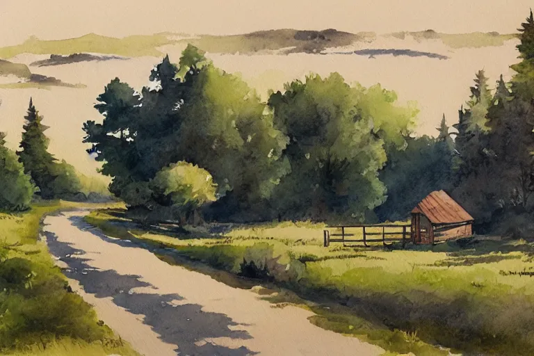 Image similar to country road store goose watercolor pen trending on artstation