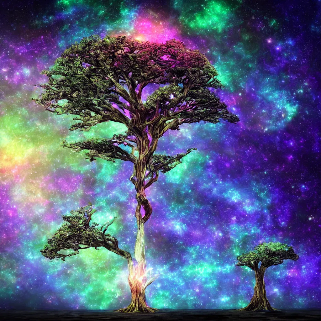 Prompt: tree of life, Cosmic tree of life, trees, Tree in a galaxy made of stars, space, nebulas stars Dmt Psychedelic cosmos, cosmic, Hallucination, night sky; 8k, artstation, unreal engine, octane render, hdr, surrealistic, hyperrealism, glow, photorealistic, volumetric lighting, Dreamy, dynamic, mystical