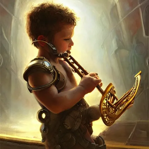 Image similar to stunning portrait of 3yo greek argonaut Orpheus playing the golden lyre, painting by Raymond Swanland, cyberpunk, sci-fi cybernetic implants hq