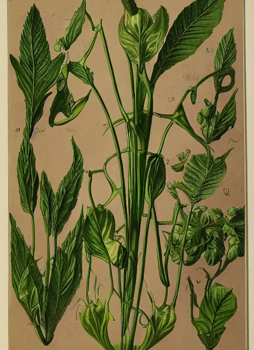 Image similar to fantasy scientific botanical illustration of a green tall plant walking around with human legs