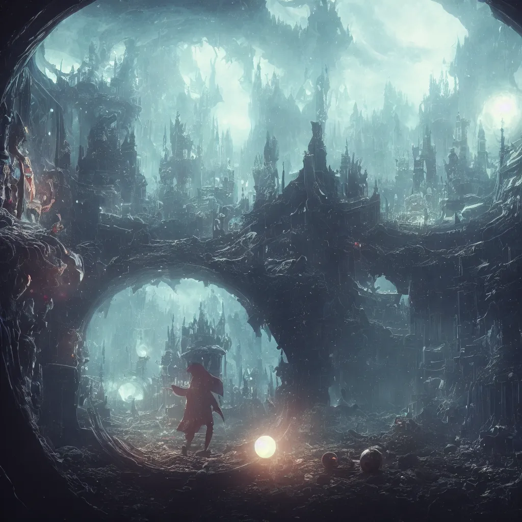 Image similar to a tiny world inside a crystal ball by greg rutkowski, sung choi, mitchell mohrhauser, maciej kuciara, johnson ting, maxim verehin, peter konig, bloodborne, 8 k photorealistic, cinematic lighting, hd, high details, dramatic, dark atmosphere, trending on artstation