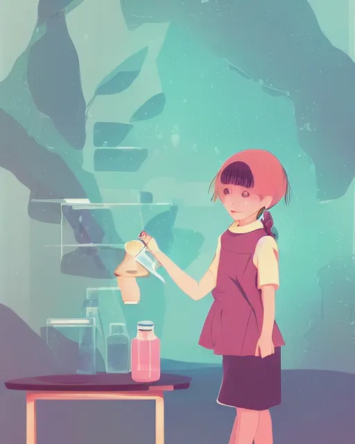 Image similar to a little girl is doing a science experiment. clean cel shaded vector art. minimalist illustration art by lois van baarle, artgerm, helen huang by makoto shinkai and ilya kuvshinov, rossdraws