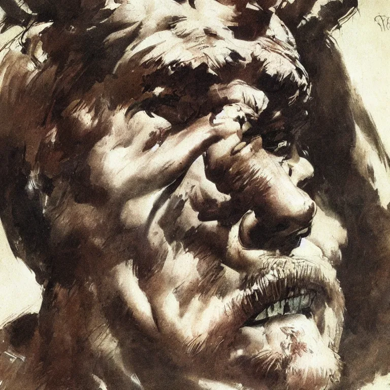 Prompt: closeup portrait of a barbarian by frank frazetta, head facing directly front on