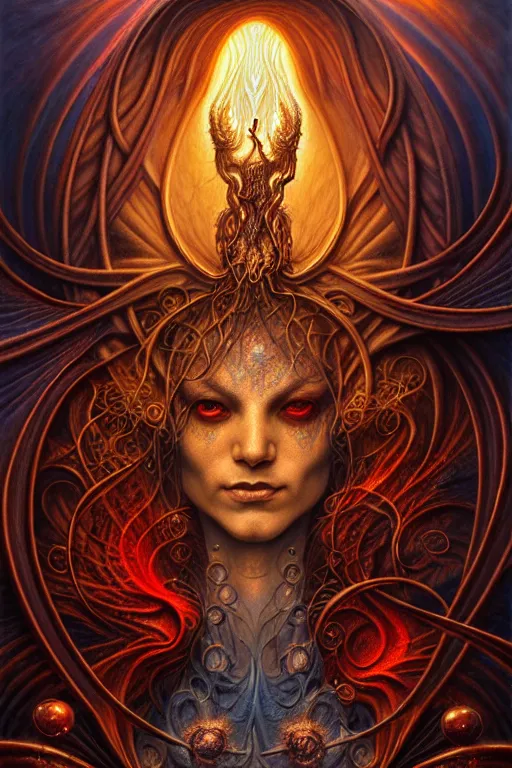 Image similar to A beautiful detailed tarot card, by tomasz alen kopera and Justin Gerard, symmetrical features, ominous, magical realism, texture, intricate, ornate, royally decorated, whirling smoke, embers, red adornements, red torn fabric, radiant colors, fantasy, trending on artstation, volumetric lighting, micro details, 3d sculpture, ray tracing, 8k, anaglyph effect