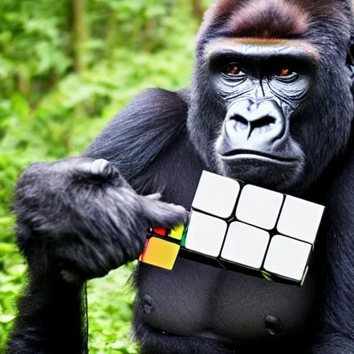 Image similar to a gorilla solving a rubix cube