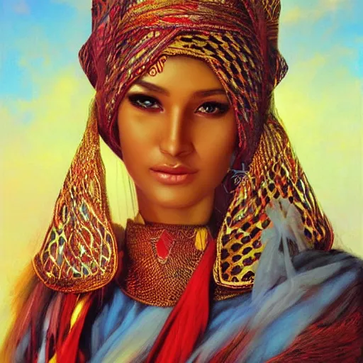 Image similar to a beautiful touareg algerian woman by karol bak, ayami kojima, artgerm, sakimichan, arabian beauty, blue eyes, smile, concept art, fantasy