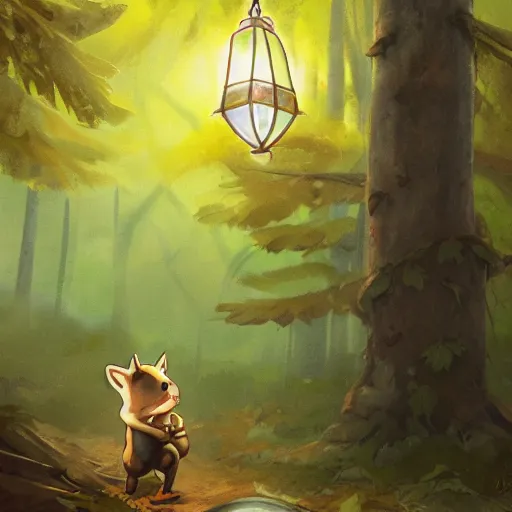 Prompt: concept art painting of an anthropomorphic chipmunk wearing a yellow cloak, holding a lantern, in the deep forest, realistic, detailed, cel shaded, in the style of makoto shinkai and greg rutkowski and james gurney