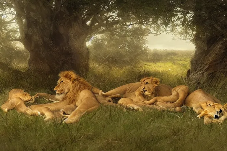 Prompt: lion and cubs resting under a tree in the morning, beautiful painting, greg rutkowski, james gurney, artstation.