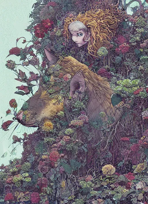 Image similar to a wolf in the garden by josan gonzalez, katsuhiro otomo, andrew ferez, rule of thirds, beautiful