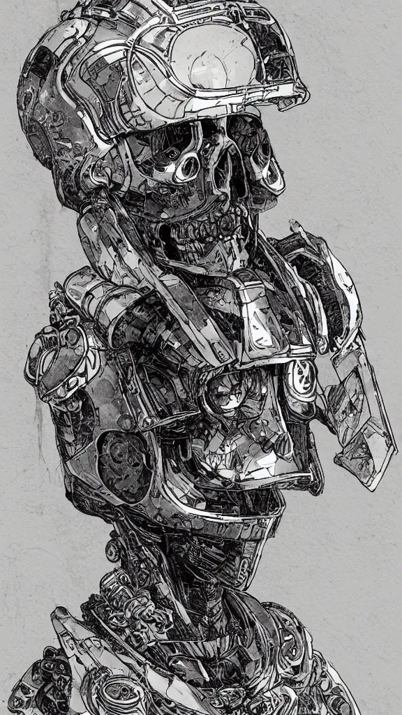 Image similar to portrait of a dead cyberpunk space pirate in concept armor with golden cyborg skull in a futuristic prototype oxygen intake helmet by Abigail Larson + Alan Lee + Audrey Kawasaki + Giovanni-Piranesi + Winsor-McCay + Howard-Pyle, headshot, 8k vhs glitch, cinematic, sharp focus, smooth, sense of awe