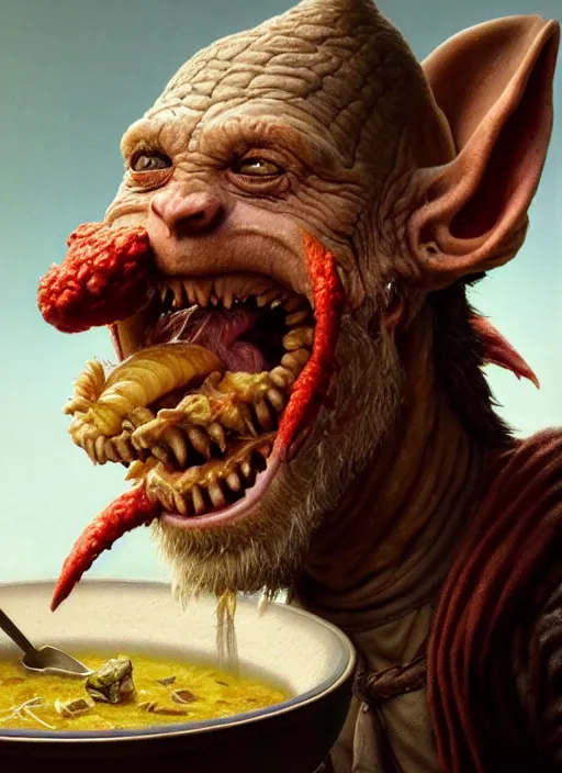 Prompt: highly detailed closeup portrait of a medieval goblin eating soup, stephen bliss, unreal engine, greg rutkowski, ilya kuvshinov, ross draws, hyung tae and frank frazetta, tom bagshaw, tom whalen, nicoletta ceccoli, mark ryden, earl norem, global illumination, god rays, detailed and intricate environment