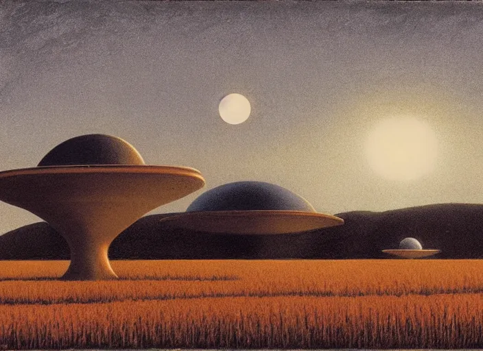 Prompt: Flying saucer landing in corn field with two moons in the sky, albumen silver print by Timothy H. O'Sullivan Ralph Mcquarrie