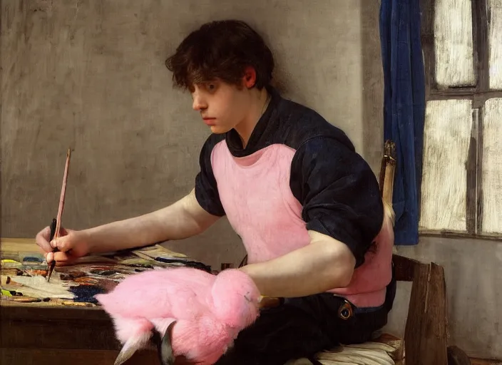 Image similar to a young painter in his studio painting a picture of a pink penguin, by edgar maxence and caravaggio and michael whelan and delacroix style, artistic, intricate drawing, cinematic lighting, hyper realistic, extremely detailed, establishing shot, 8 k resolution, dramatic lighting