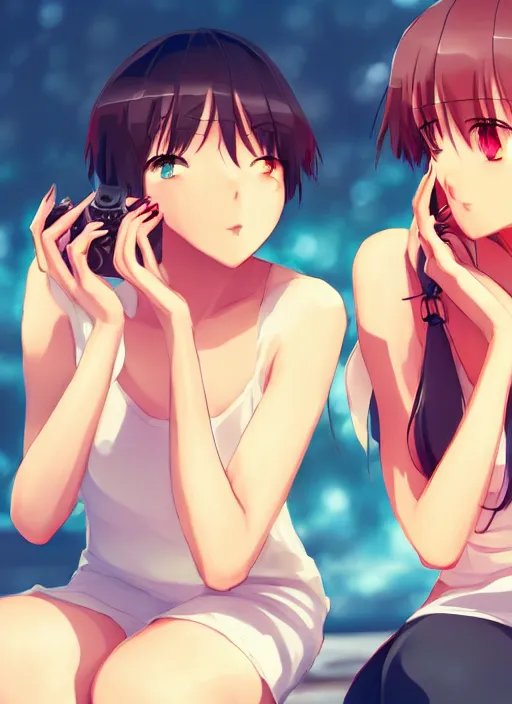 Image similar to two beautiful mothers sitting by a fan on a hot summer evening, gorgeous faces, thick lines, cinematic lighting, detailed anime art