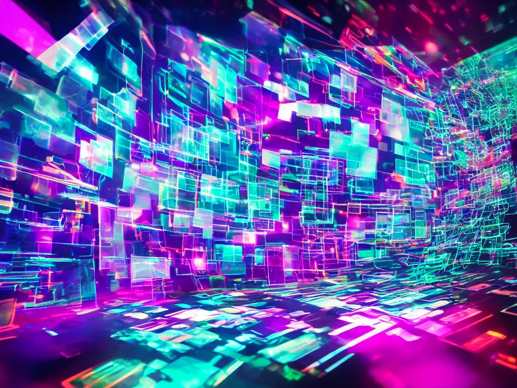 Prompt: cyberspace with curved translucent screens projecting detailed art ( 2 0 4 2 ), large colorful images, pixel perfect photograph, high contrast, volumetric lighting, thin glowing lights, chair, users, pair of keys