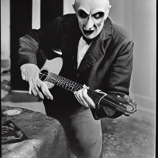 Image similar to bert jansch dresses as count orlok for halloween, playing guitar, photograph, 1 9 6 9