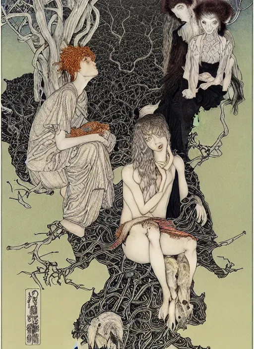 Image similar to boy, girl and a goat, by austin osman spare and Takato Yamamoto and Vania Zouravliov, high resolution