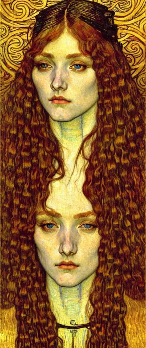 Image similar to detailed realistic beautiful young medieval queen face portrait by jean delville, gustav klimt and vincent van gogh, art nouveau, symbolist, visionary, gothic, pre - raphaelite, muted earthy colors, desaturated