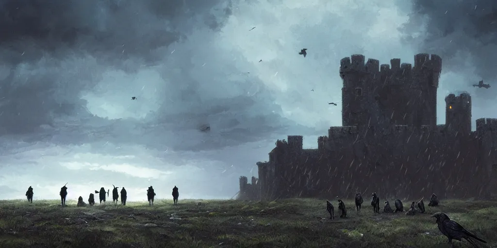 Prompt: A group of Ravens sit around a fallen solider, a medieval castle in the distance, dark fantasy, stormy sky, lightning, digital art by Greg Rutkowski and Studio Ghibli