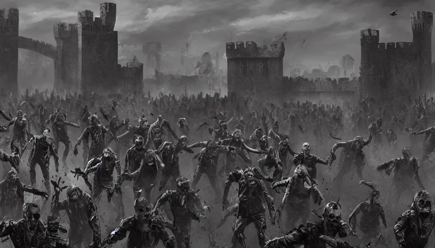 Image similar to zombie army running to english castle, wide view, hyperdetailed, artstation, cgsociety, 8 k