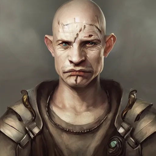 Image similar to a detailed matte head - on portrait painting of an ugly halfling man, with a large scar and missing teeth portrait by charlie bowater, lise deharme, wlop, tending on arstation, dungeons and dragon, dnd, pathfinder, fanart, oil on canvas