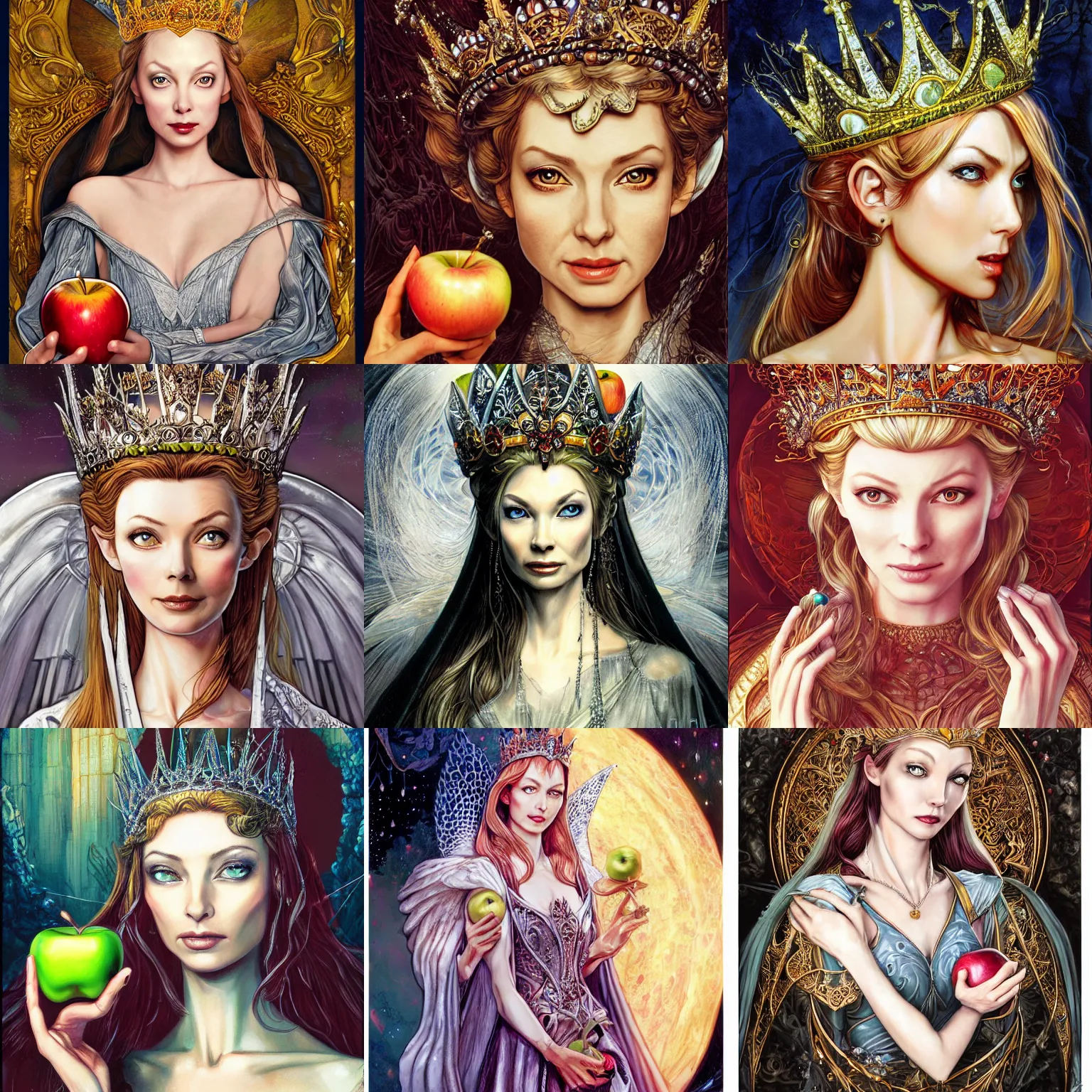 Prompt: potrait of galadriel wearing a luxurious crown is holding an apple, face is highly detailed, by masamune shirow, ayami kojima, josan gonzalez, yoshitaka amano, dan mumford, barclay shaw