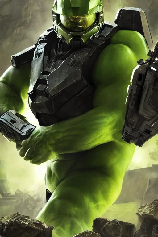 Image similar to master chief playing the hulk in the new avengers movie, oil on canvas, intricate, portrait, 8 k highly professionally detailed, hdr, cgsociety