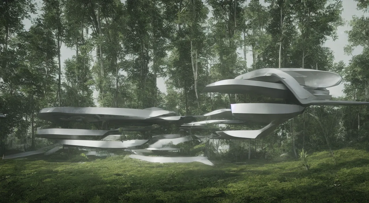 Image similar to a futuristic house sitting in the middle of the forest, unreal engine, zaha hadid, tom wright, ludwig mies van der rohe architectural designs, volumetric lighting, octane render, 8 k