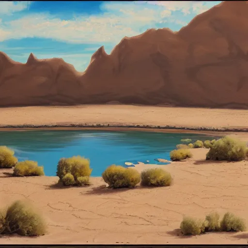 Image similar to matte oil painting of a desert oasis