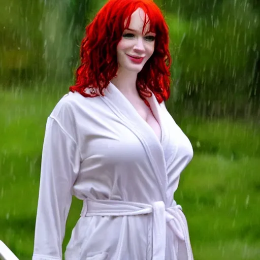 Image similar to Christina Hendricks with bathrobe, realistic, wet,