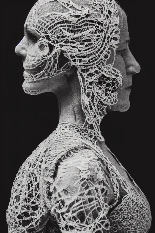 Image similar to a woman's face in profile, made of intricate decorative lace skeleton, in the style of the dutch masters and gregory crewdson, dark and moody