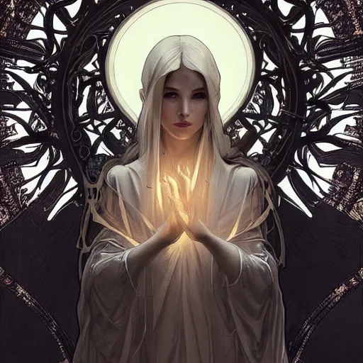 Image similar to A portrait of A beautiful!!!! angel in black flames by Ross Tran!! and alphonse mucha and greg rutkowski and gustav doré!!,In style of digital art illustration.Symmetry.Highly detailed face.Fantasy,smooth,hyper detailed,sharp focus,Soft light.trending on artstation.4k