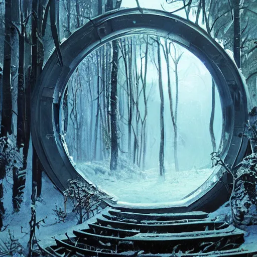 Image similar to stairs leading to a frozen derelict portal in a middle of a snowy lush futuristic forest, lush world seen only through a portal, daylight, cinematic lighting, blue sky, syd mead, john harris