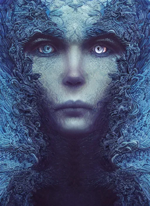 Image similar to Her huge ominous glowing blue eyes staring into my soul , perfect eyes, intricate stunning highly detailed, agostino arrivabene, WLOP, twisted dark lucid dream, 8k portrait render, raven angel wings, swirling thick smoke , beautiful lighting, dark fantasy art, cgsociety