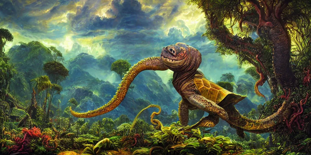 Image similar to fantasy oil painting, great leviathan, turtle cephalopod terrapin reptilian pachyderm amphibian hybrid, rainforest mountains, lush plants flowers, epic natural light, bright clouds, luminous sky, outer worlds, bright cinematic lighting, michael cheval, michael whelan, vray, 8 k hd