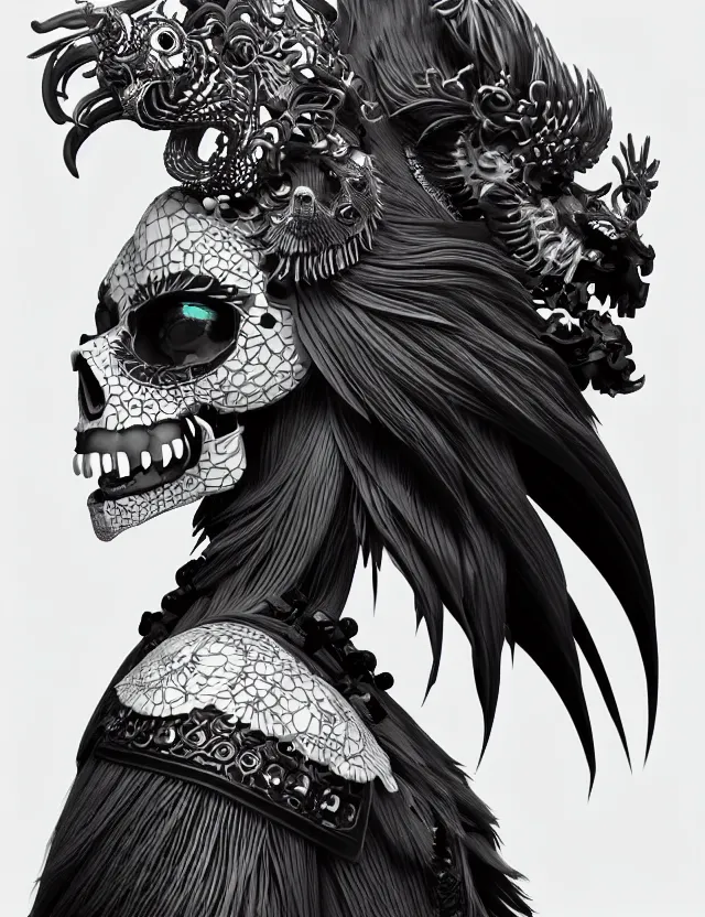 Image similar to 3 d goddess close - up profile simple portrait punk skull with mohawk with ram skull. beautiful intricately detailed japanese crow kitsune mask and clasical japanese kimono. betta fish, jellyfish phoenix, bio luminescent, plasma, ice, water, wind, creature, artwork by tooth wu and wlop and beeple and greg rutkowski