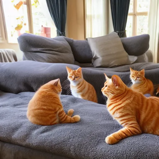 Image similar to three orange tabby cats and two grey tabby cats relaxing in the sunshine in a living room