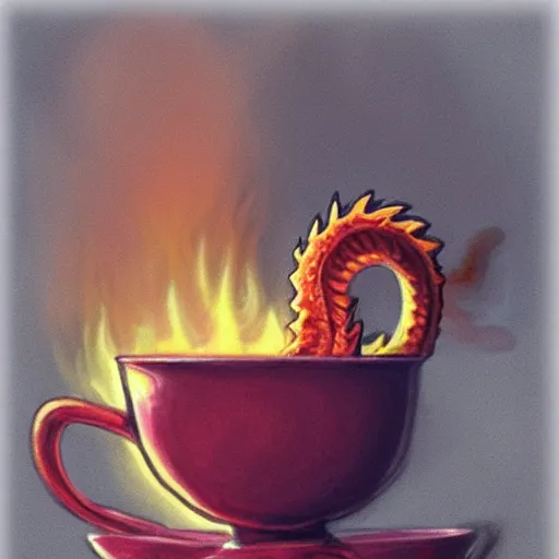 Image similar to fire breathing dragon, the dragon is tiny and near a teacup, fantasy art, artstation, cozy, award winning, stunning drawing