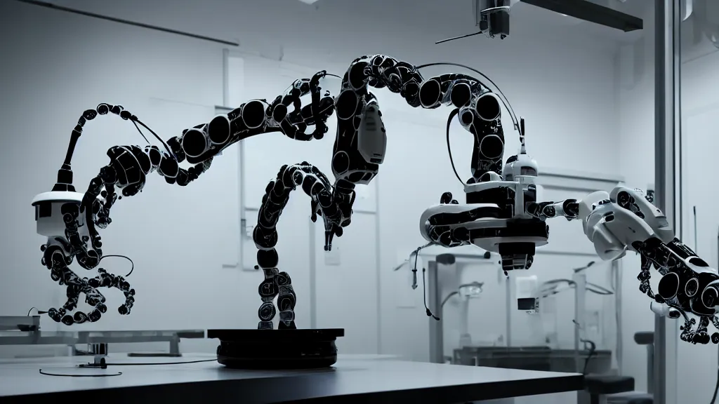 Prompt: a complex bifurcated robotic cnc surgical arm hybrid mri 3 d printer machine making swirling black and white ceramic mandlebulb mutant forms in the laboratory inspection room, film still from the movie directed by denis villeneuve with art direction by salvador dali, wide lens, f 3 2, cinematic lighting, studio quality, smooth render, unreal engine 5 rendered, octane rendered