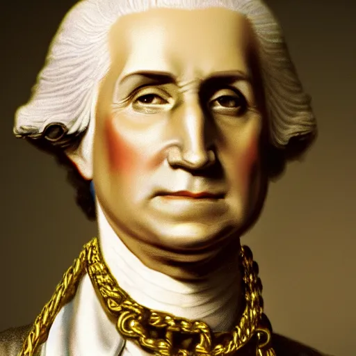 Image similar to a closeup photorealistic illustration of a happy George Washington holding wearing a chain around his neck with a small gold Doubloon coin as a necklace. This 4K HD image is Trending on Artstation, featured on Behance, well-rendered, extra crisp, features intricate detail and the style of Unreal Engine.