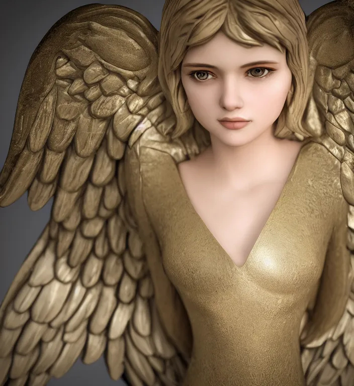 Image similar to centered portrait photo of an angel, bokeh, DOF, unreal engine, 8k, ultra detailed, photorealistic + sigma 105mm f2.8 macro