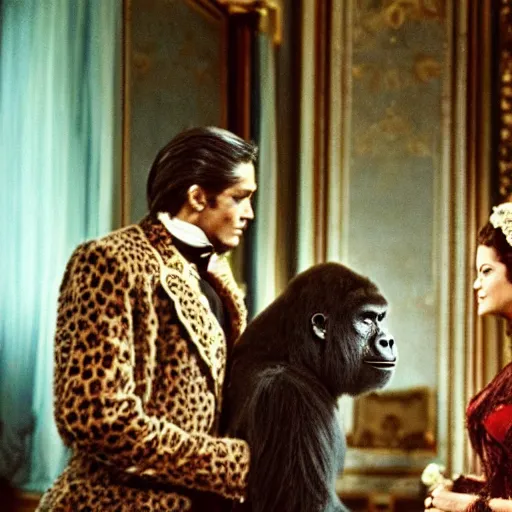 Image similar to ballroom scene from the leopard by luchino visconti with alain delon and claudia cardinale and a gorilla set in the 1 9 th century in an italian villa. technicolor!!!!, highly intricate, 5 0 mm