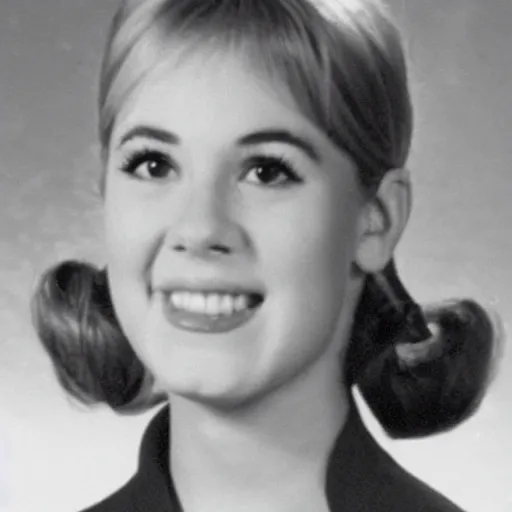 Image similar to a yearbook photo of Betty Cooper in 1966, she has a ponytail and bangs